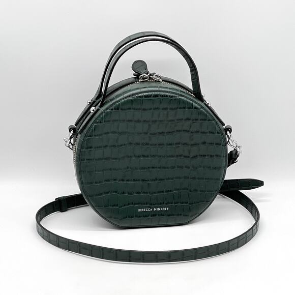 REBECCA MINKOFF Jody Croc Embossed Leather Circle Crossbody Bag Green Round